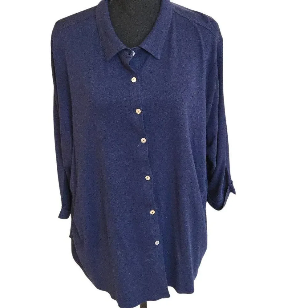 Tahari Womens Linen Blend Button Front 3/4 Sleeve Blouse Top Navy Blue Size 2X - Picture 11 of 11